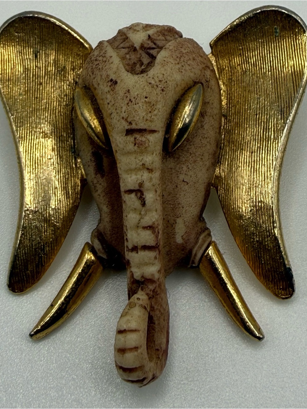 Vintage RAZZA Elephant Brooch 1970s Gold Tone Resin Figural Statement Pin